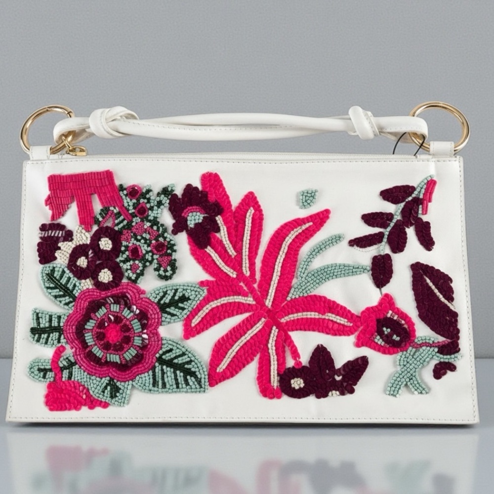 Beaded Floral | White Vegan Leather | Pink Teal Plum Sequin Resort Handbag New